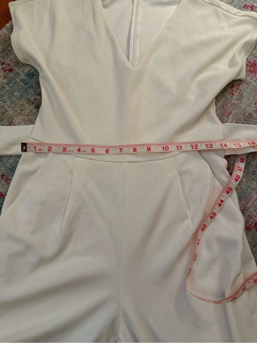 Express V-Neck Tie Waist Straight Leg Jumpsuit with Pockets-White - Picture 5 of 14